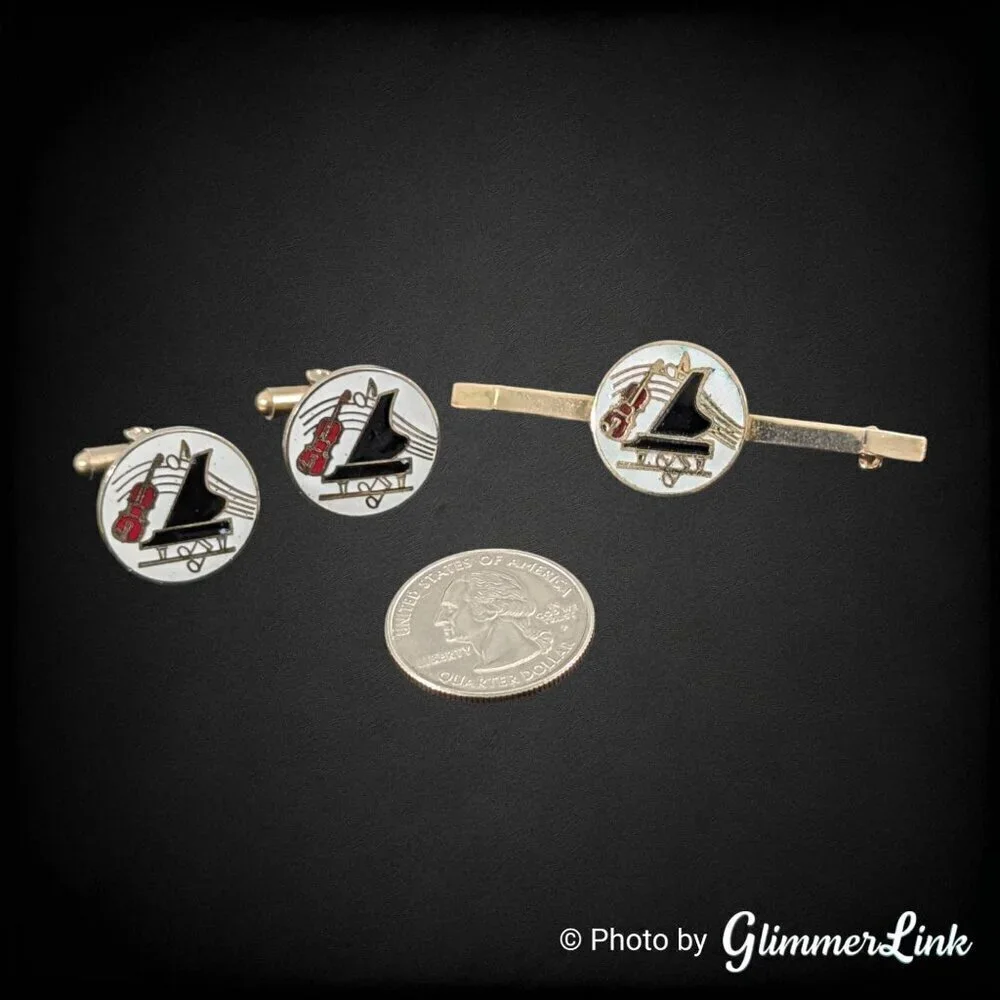 Vintage Music Themed Cello Piano Enamel Cufflinks & Bar Brooch Set